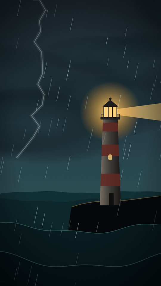Quadro do vídeo final: farol iluminando o mar durante a tempestade